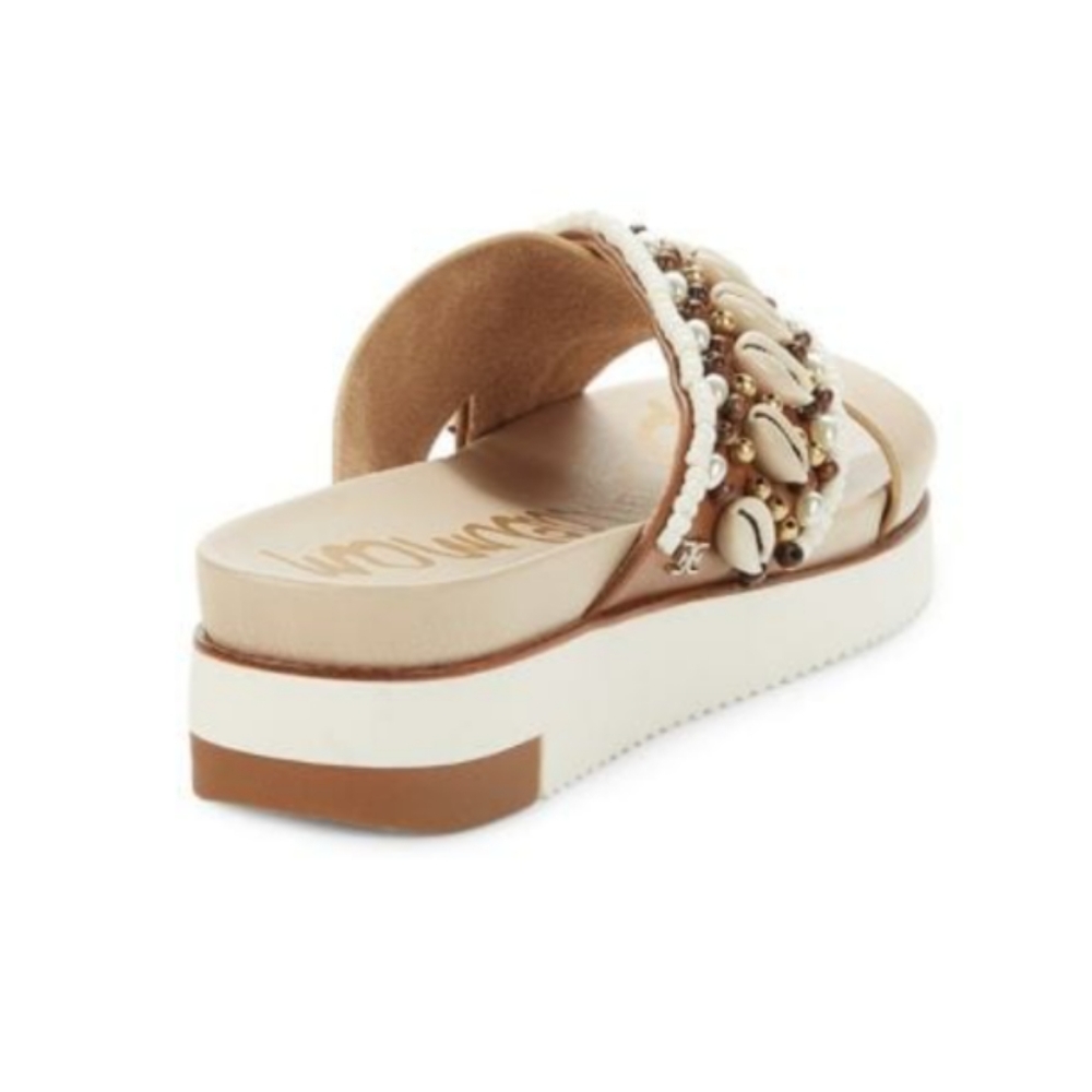 SAM Edelman Austen Platform Slip on Sandals Gold Leather Cowrie Shell Beads - Picture 8 of 12